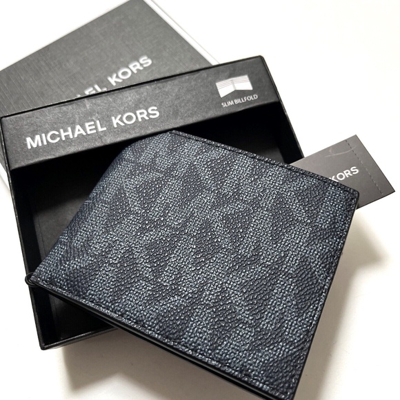NWT 3pc MICHAEL KORS Slim Billfold Wallet Set Black Gray / Brown Navy Logo Boxed - Picture 2 of 16